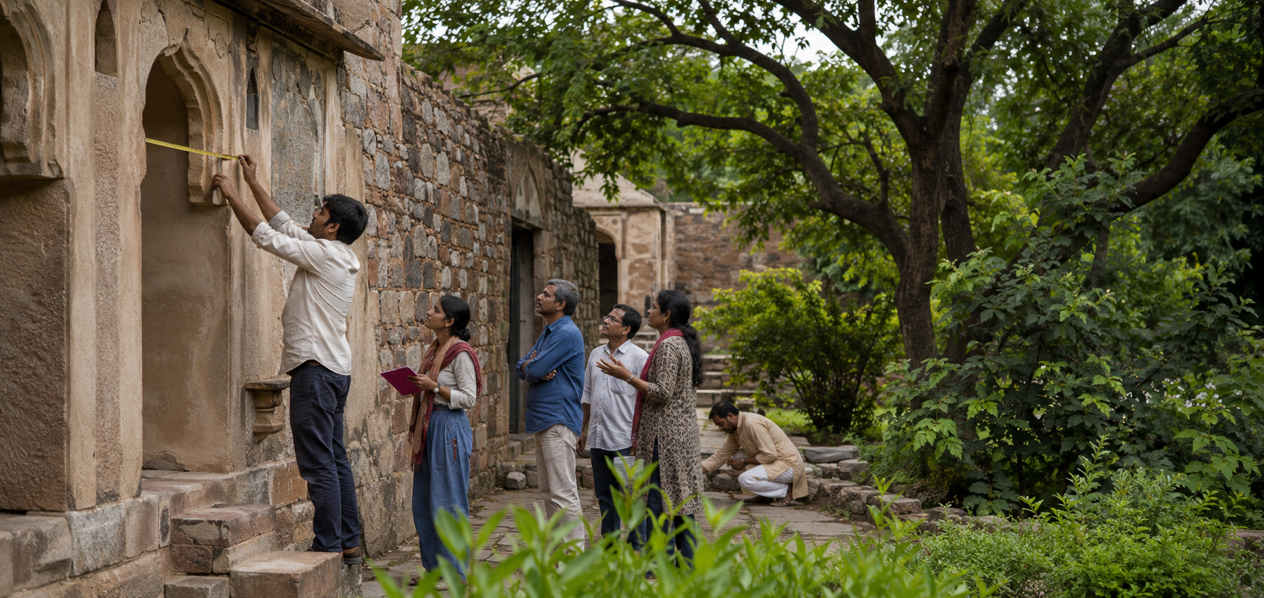 Conservation researchers and community members documenting a historic building beside a living landscape